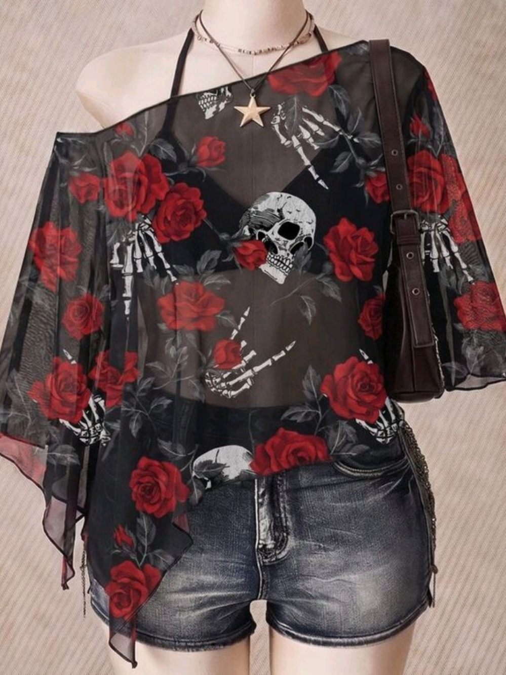 💀🌹New sheer,lightweight Skull Roses chiffon poncho overlay💀🌹